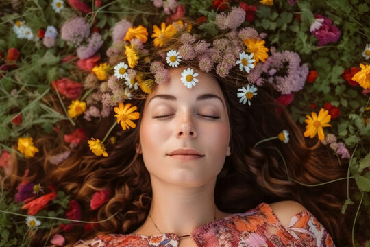 Young Pretty Woman Laying Down In A Field Full Of Spring Flowers. Generative Ai