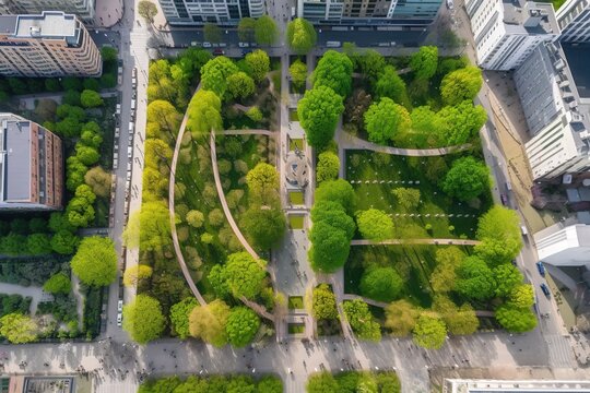 an aerial image of a green modern city park with trees and pathways, city planing concept. generative ai