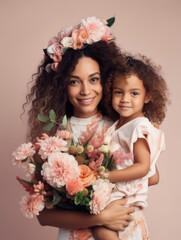 Happy mother with her daughter in her arms and flowers. the concept of happiness. Mother's Day. Ethnic diversity. Generative AI