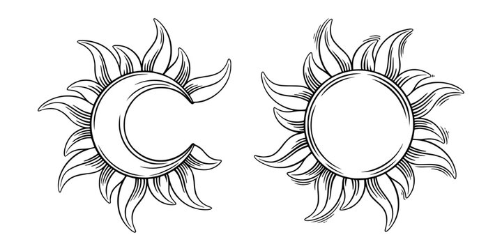 Tarot sun and moon engraved set. Occultism and chiromancy tarot symbols. Vector illustration isolated in white background