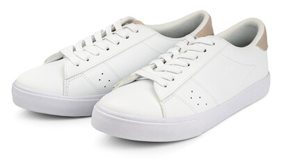 White leather sneakers isolated on transparent background. Full Depth of Field