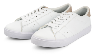 White leather sneakers isolated on transparent background. Full Depth of Field