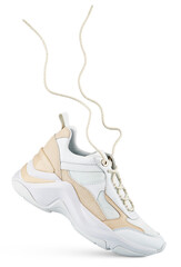 White sneaker with flying laces stands on the tip isolated on transparent background. Running sports shoe - 583679052