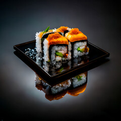 Sushi for a restaurant on shiny black zero table, ultra realistic