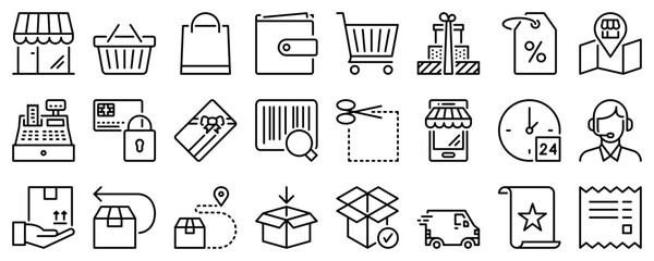 Fototapeta premium Line icons about shopping process on transparent background with editable stroke.