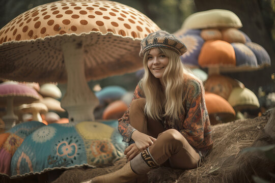Vintage 1960s blonde hippy girl with big colorful magic mushroom in the background and copy space, generative ai
