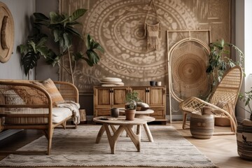 Bohemian timber living room with wallpaper and parquet. Sofa, jute carpet, rattan armchair. Boho interior design, plan, above,. Generative AI