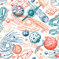 Abstract space seamless pattern. Ornament of planets, stars, comets, asteroids, galaxies. Hand drawn vector cosmic illustrations in retro engraving style. © Olga Sayuk