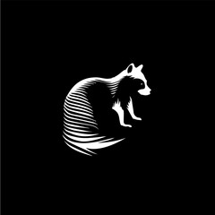 Raccoon dotwork tattoo with dots shading, wild animal logo template, tippling tattoo. Hand drawing bird emblem on black background for body art, minimalistic sketch art. Vector illustration