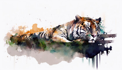 Sleeping Tiger in Natural Habitat, isolated on white background - watercolor style illustration background by Generative Ai