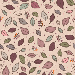 Abstract fall pattern with pale pink and purple autumn leaves and berries