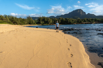 Matured Caucasian man, hiker, far, walking along a sandy beach near volcanic lava rocks in the ocean and a mountain scene in the background, Mahaulepu Beach, Kauai, Hawaii