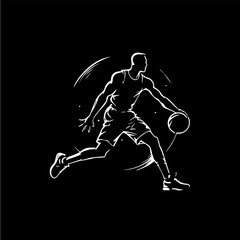 Plakat Basketball player white emblem, dribbling with ball, action player icon, logo template, hand drawing tattoo sketch silhouette on black background. Vector illustration.