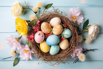 Happy easter! Colourful of Easter eggs in the nest with flower on pastel blue wooden background. Greetings and presents for Easter Day celebrate time. Flat lay ,top view
