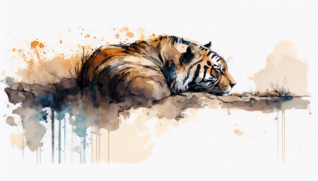Sleeping Tiger in Natural Habitat, isolated on white background - watercolor style illustration background by Generative Ai