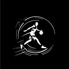 Basketball player white emblem, running dribbling with ball, action player icon, logo template, hand drawing tattoo sketch silhouette on black background. Vector illustration.