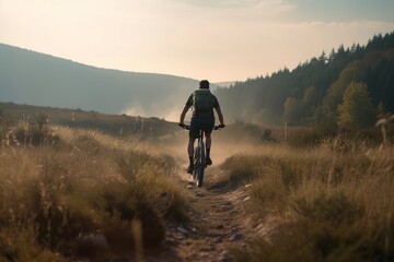 Fototapeta premium back view of a man cycling on a bike up a beautiful mountain road landscape at sunrise. generative ai
