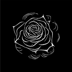 Rose flower logo template, white icon of blossom rose petals silhouette on black background, boutique logotype concept, cosmetic emblem, tattoo. Vector illustration