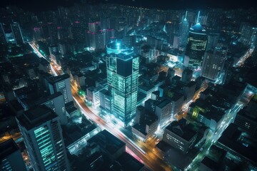 Obraz na płótnie Canvas a fictional illustration of an aerial city skyline at night. generative ai