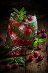 illustration, refreshing raspberry cocktail with ice and mint, ai generative