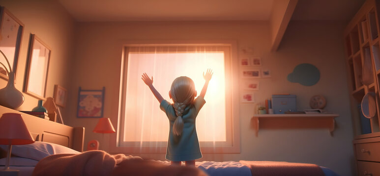 back of a cute girl waking up early positively in the morning sun shine - Generative AI