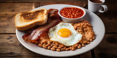 fried eggs, bacon and beans