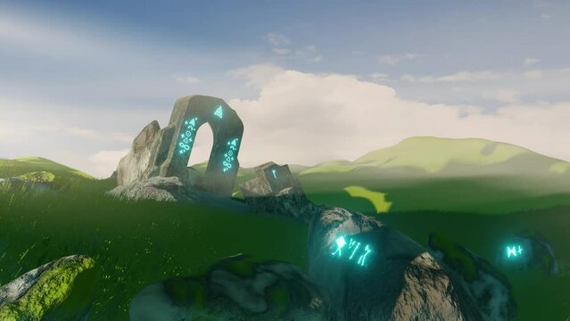 An ancient temple archway ruin with glowing runestones. Fantasy landscape 