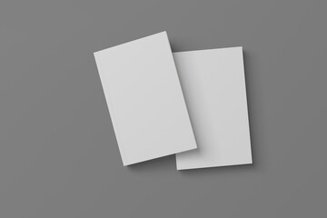 2 softcover book mockups are standing on a gray background, designed with 3D render visual effects that are indistinguishable from reality. A mockup, with flashy white covers resembling a real book.