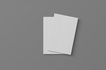2 softcover book mockups are standing on a gray background, designed with 3D render visual effects that are indistinguishable from reality. A mockup, with flashy white covers resembling a real book.