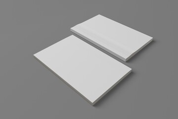 2 softcover book mockups are standing on a gray background, designed with 3D render visual effects that are indistinguishable from reality. A mockup, with flashy white covers resembling a real book.