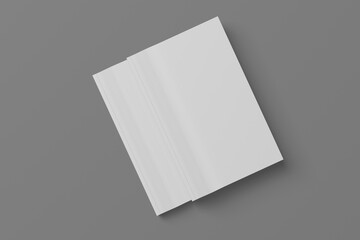 2 softcover book mockups are standing on a gray background, designed with 3D render visual effects that are indistinguishable from reality. A mockup, with flashy white covers resembling a real book.