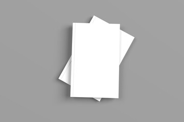 2 softcover book mockups are standing on a gray background, designed with 3D render visual effects that are indistinguishable from reality. A mockup, with flashy white covers resembling a real book.