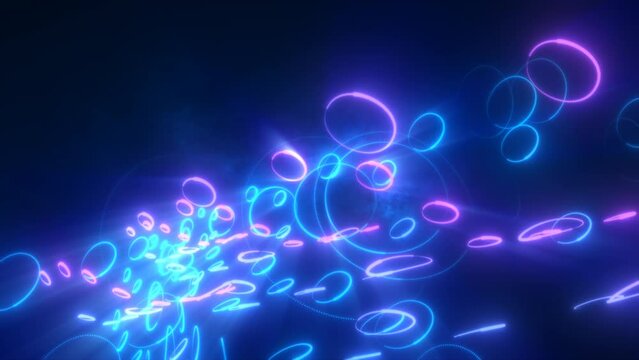 Abstract blue and purple glowing neon lines and circles energy laser flying on a black background, video 4k, 60 fps