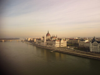 Panoramic view from above on landmarks of Budapest at summer sunset, Hungary