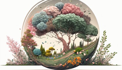 &Aacute;rbol dentro de bola de cristal, estilo dibujo diferente. Arte Fant&aacute;stico.