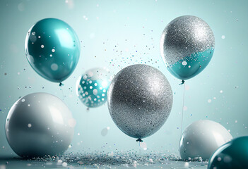 Fototapeta na wymiar beautiful festive background with blue and silver balloons and sparkles