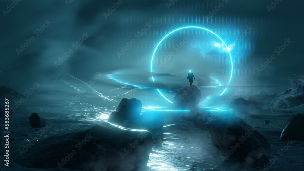 Wall mural an astronaut figure standing surrounded by a glowing blue energy loop set on a strange rocky landsca