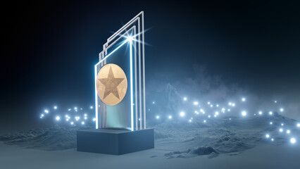 An award announcement ceremony and crystal award trophy. 3D Illustration