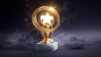 Gold star trophy award. Winner and achievement ceremony. 3D illustration