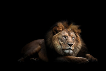 Fototapeta na wymiar Male lion lying on black background, full body. studio shot