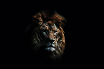 Plakat Portrait of long-maned male lion on black background. Studio shot.