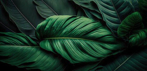 Background of tropical leaves, lush green jungle thickets, generative ai illustration