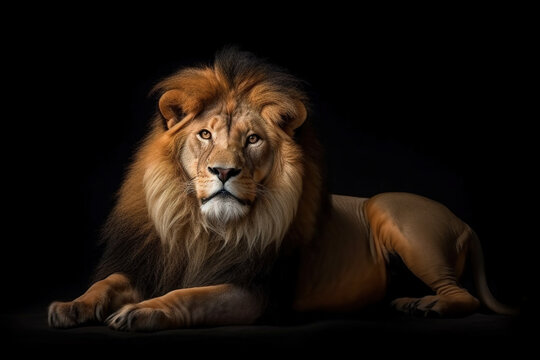 Male lion lying on black background, full body. studio shot