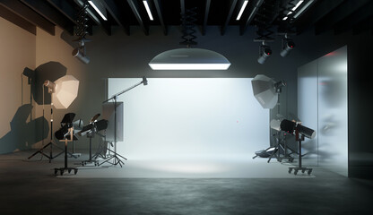 A large and professional photography studio room with lighting equipment. 3D illustration.