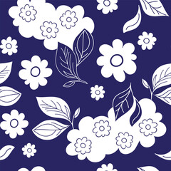 In a seamless pattern, dreamy white and blue flowers, leaves and clouds intertwine. Perfect for a serene and whimsical design.