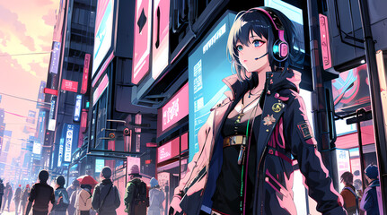 Fototapeta na wymiar Anime girl with a headset listening to music hip-hop neon clothes, glowing effect, sci-fi cyberpunk Futuristic city background