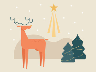 Reindeer Winter Sky Star Pine Trees Christmas Card. Vector Illustration.