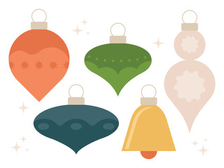 Colorful Christmas Tree Ornaments and Bell. Vector Illustration Set.