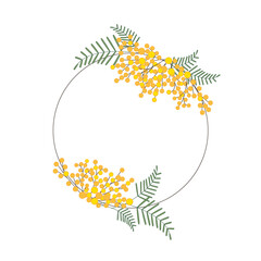 Round wreath of mimosa branches. Cute spring vector frame for cards, invitations.