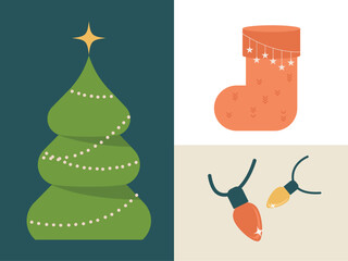 Obraz na płótnie Canvas Christmas Holiday Tree with Stars and Ornaments. Stocking. Lights. Vector Illustration Set.